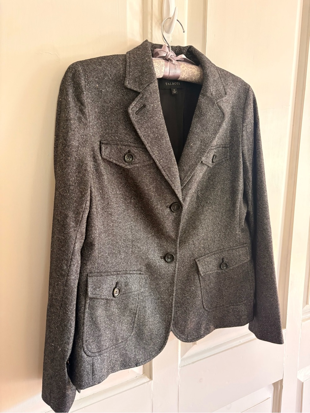 Talbots Gray Tweed Chevron Blazer Jacket Wool Blend Pockets Womens Size 10